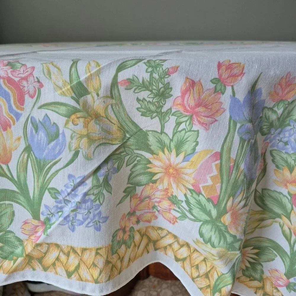 Easter Eggs Spring Floral Long Rectangular Lightweight Cotton Tablecloth 57x103